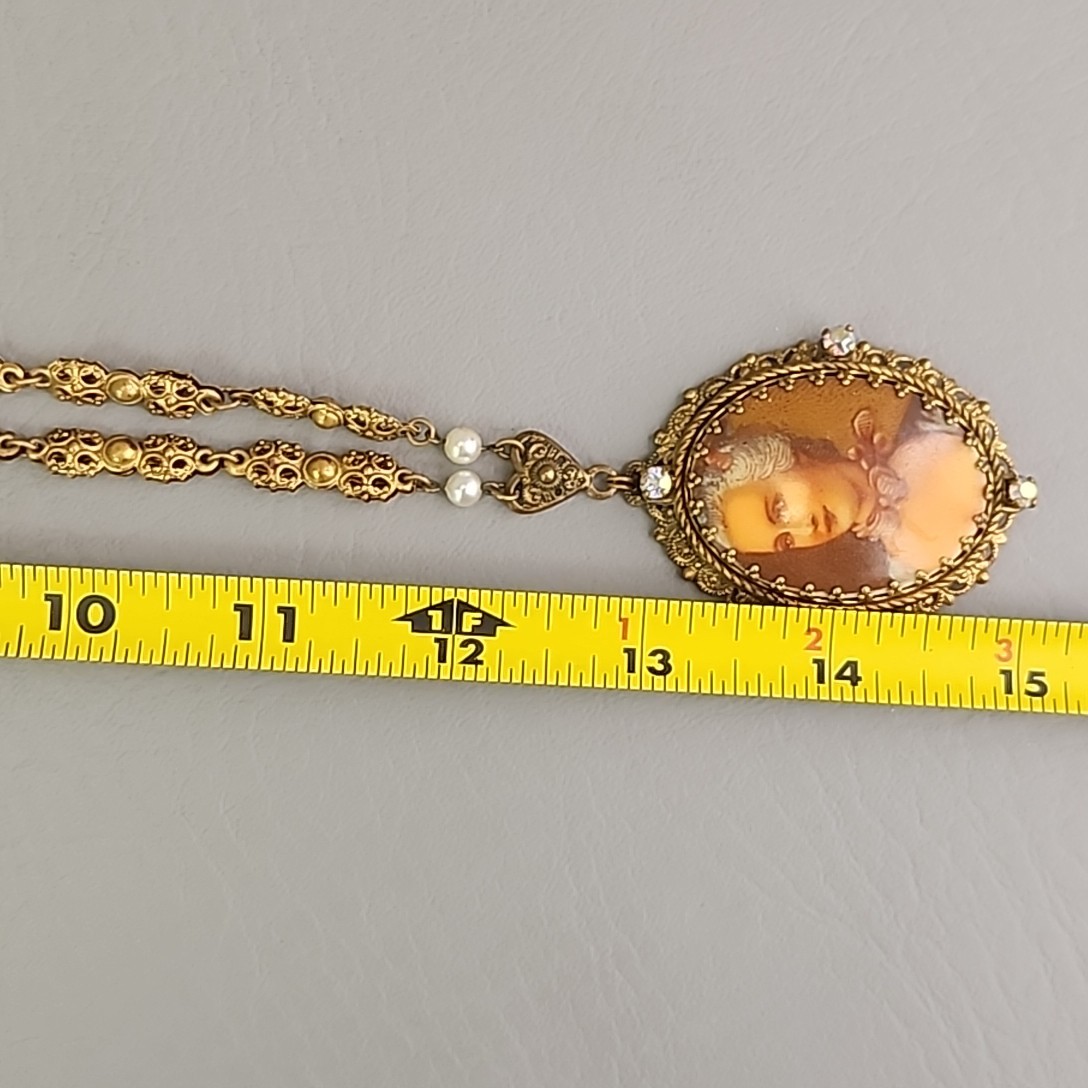 Vintage Victorian Revival Lady Cameo Portrait Necklace Western Germany Gold Tone