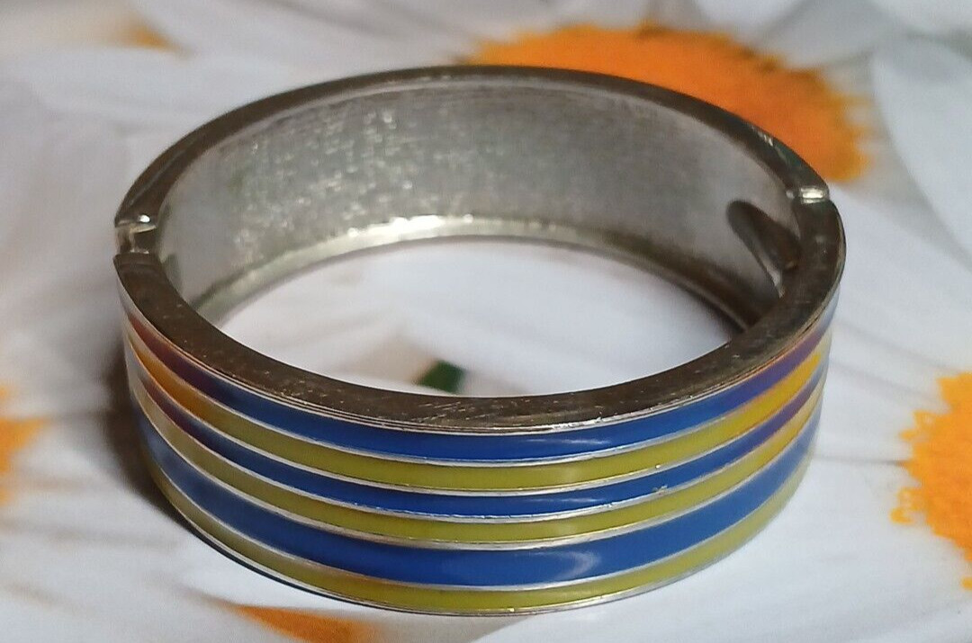 Vintage Silver Tone Striped Lime Green and Blue Enamel Hinged Bangle Bracelet