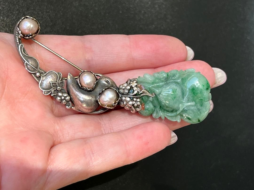 Estate Vtg Chinese Export Carved Green Jadeite Jade 925 Sterling Silver Brooch
