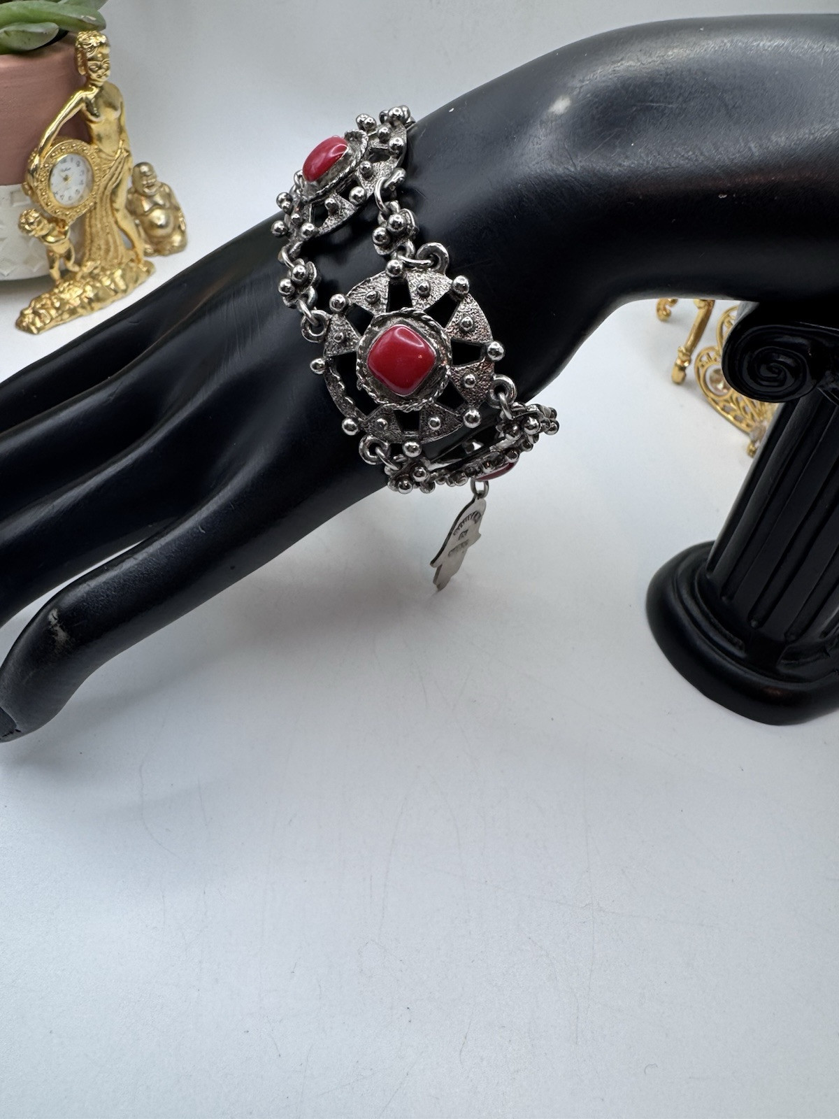 VINTAGE 60’s Silver Tone And Red Cabuchon SOUVENIR DU MAROC Moroccan Hamsa Hand