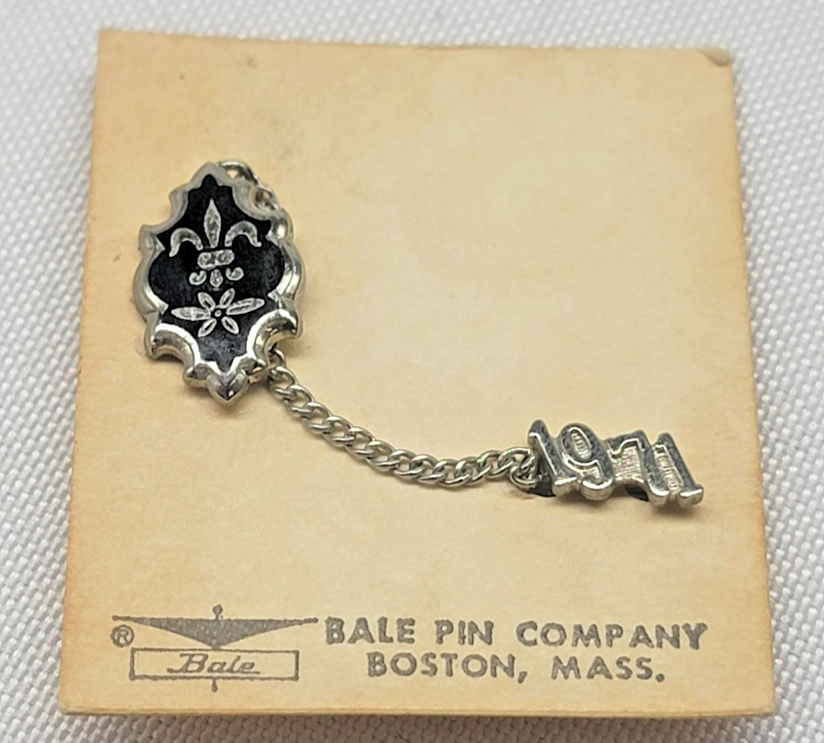 Vintage 1971 Bale Pin Co Sterling Silver Guard Pin Fleur-de-lis Black Enamel