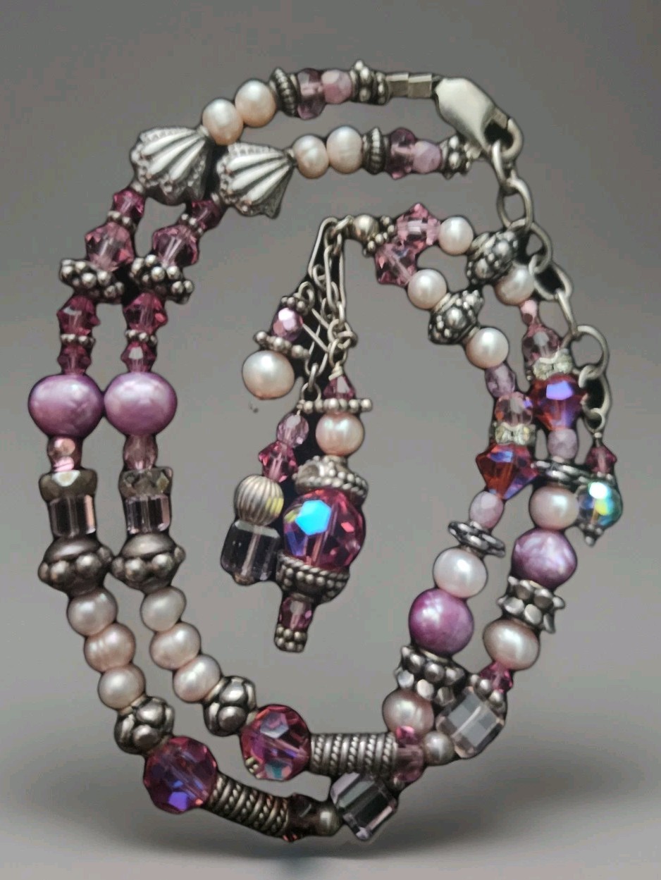 925 STERLING Necklace&Bracelet Multicolor PEARLS & Made With Swarovski CRYSTALS