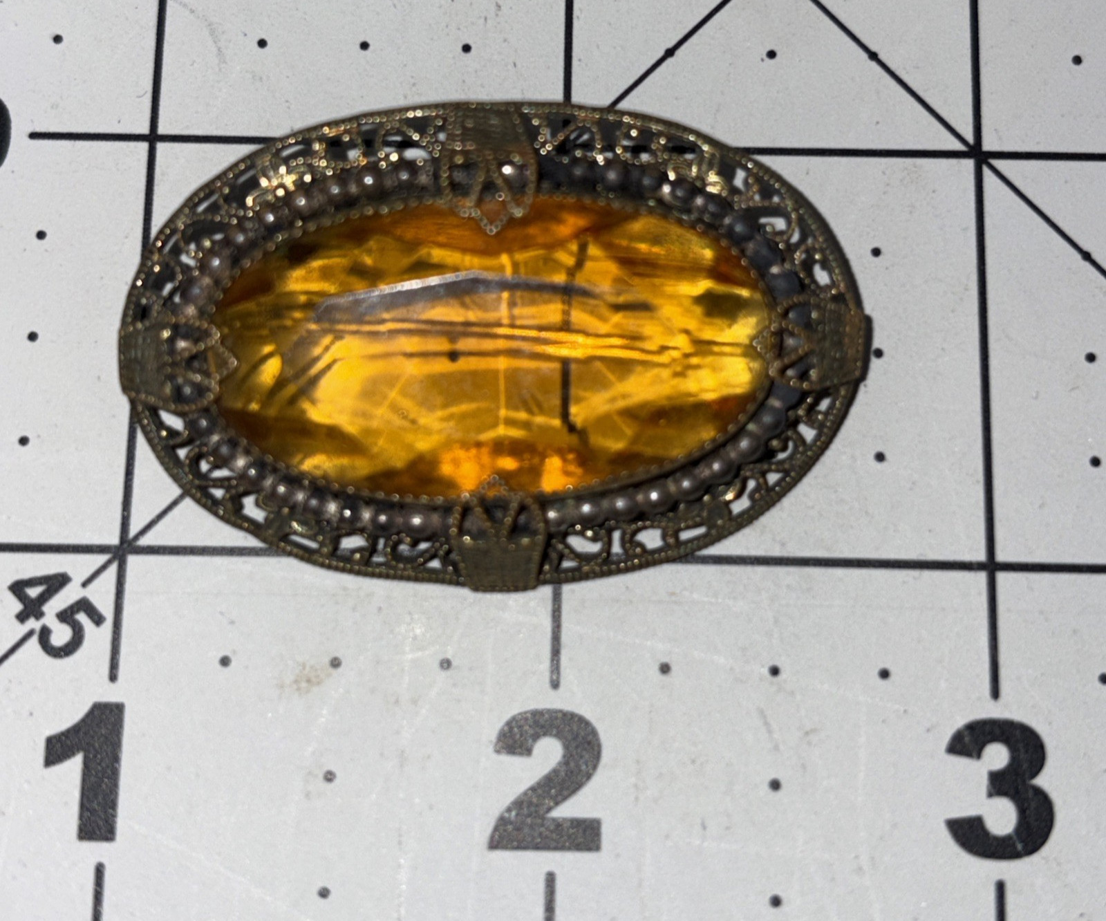 Vintage Oval Honey Amber Czech Glass Gold Tone Victorian Filigree Brooch