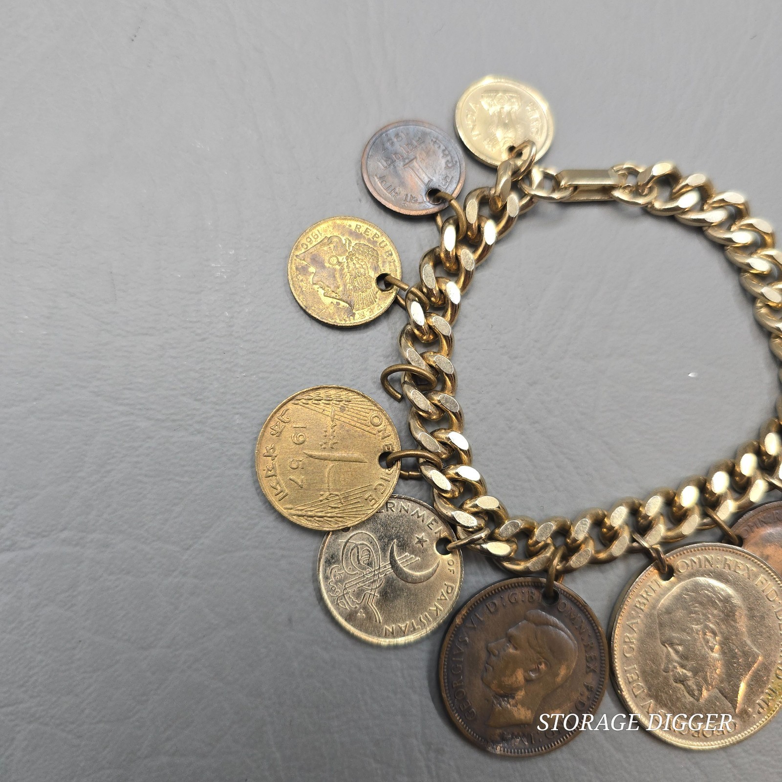 Vintage World Coins Charm Bracelet, Gold Tone Curb Link Chain, Fold Over Closure