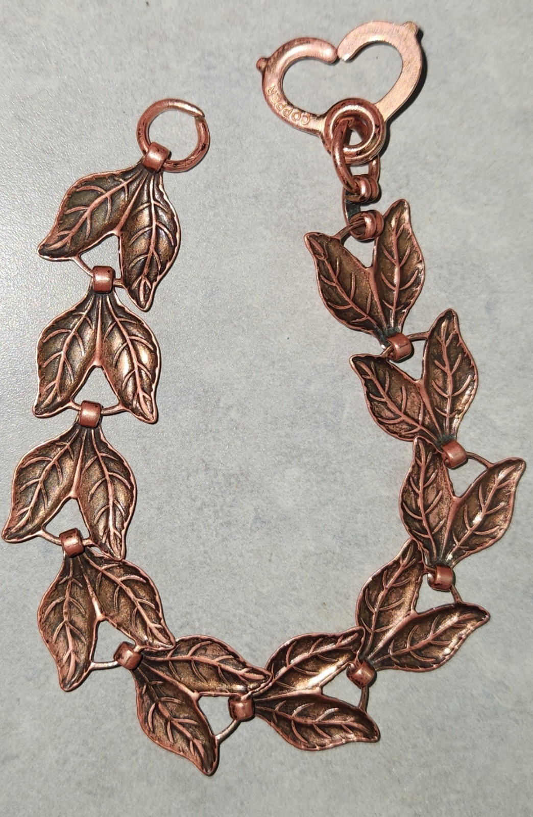 Vtg Unmarked Stamped Copper Double Leaf 7″ Link Bracelet With Heart Sister Clasp