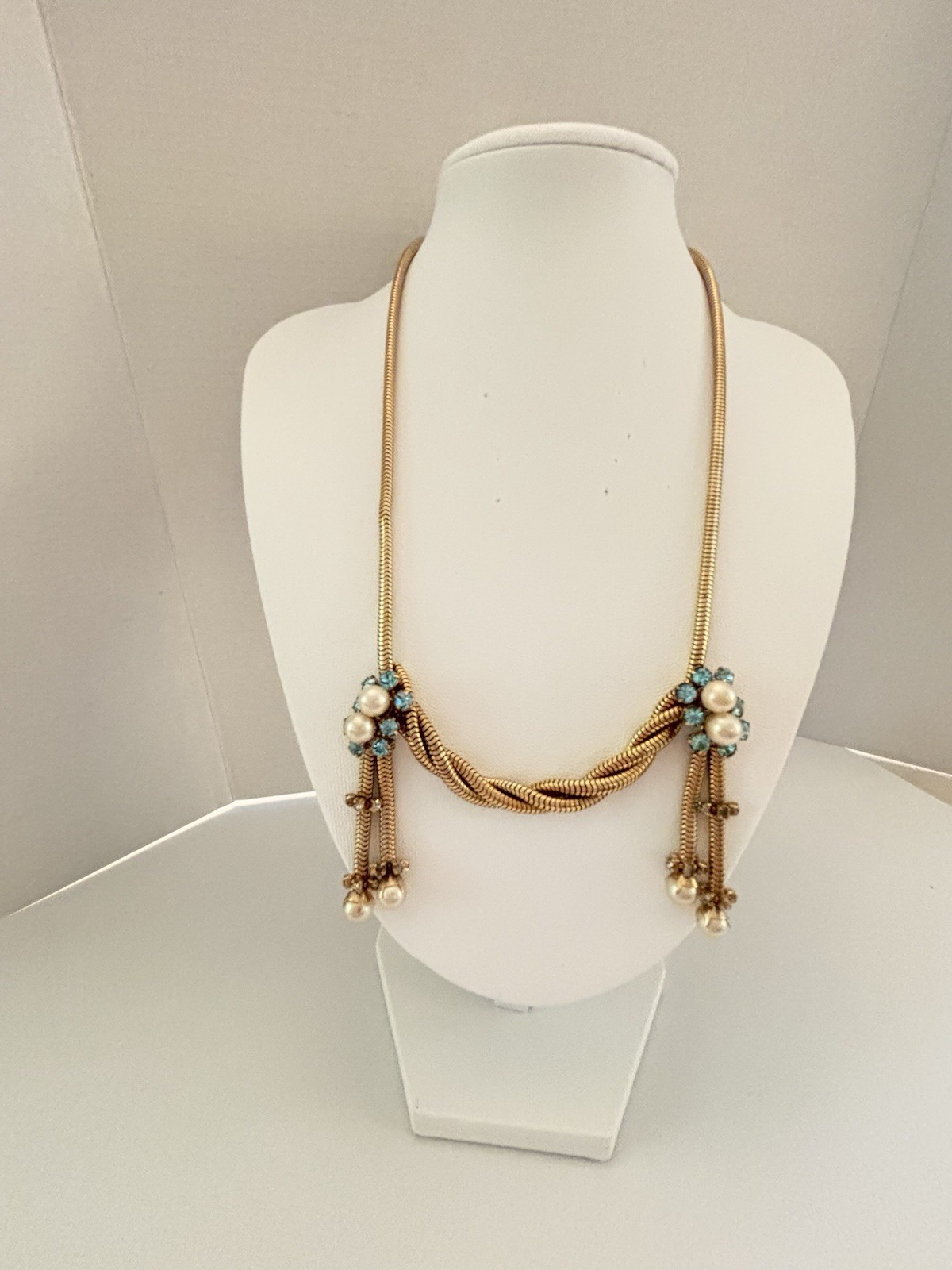 Vintage Gold Tone Festoon Snake Chain Necklace Faux Pearl Aqua Rhinestone 15”
