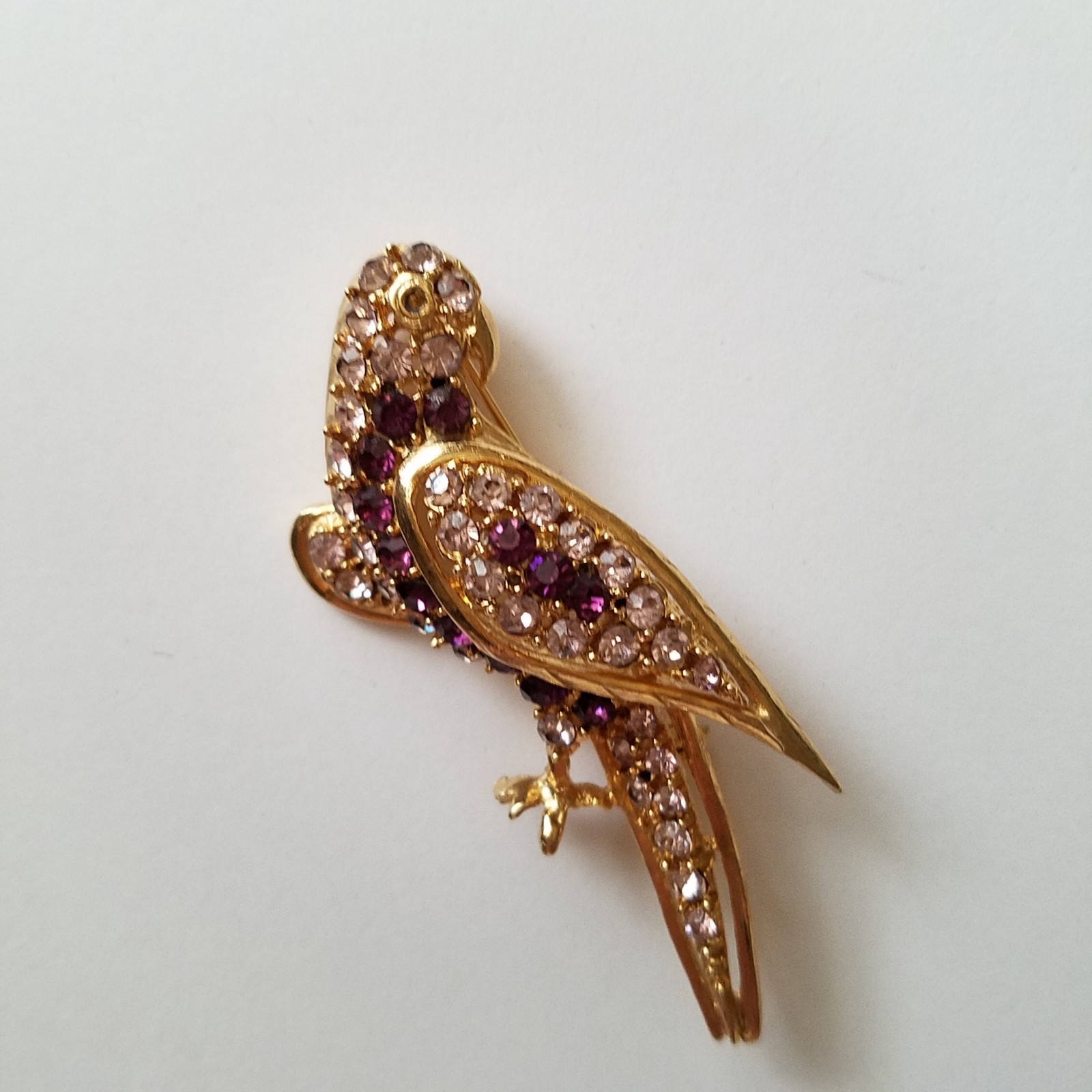 Vintage Pell Purple and Clear Rhinestone Parrot Brooch