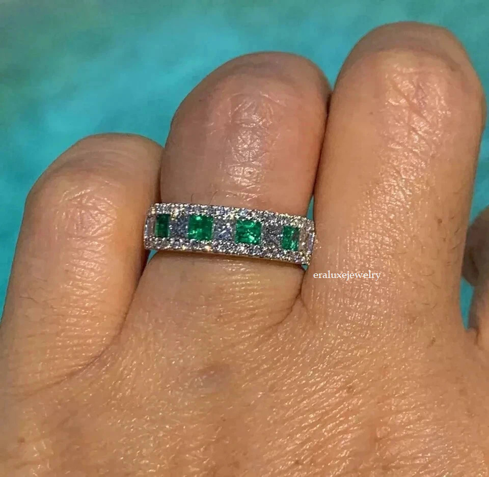 3Ct Art Deco style Lab Created Diamond Emerald Engagement 14K White Gold FN Ring