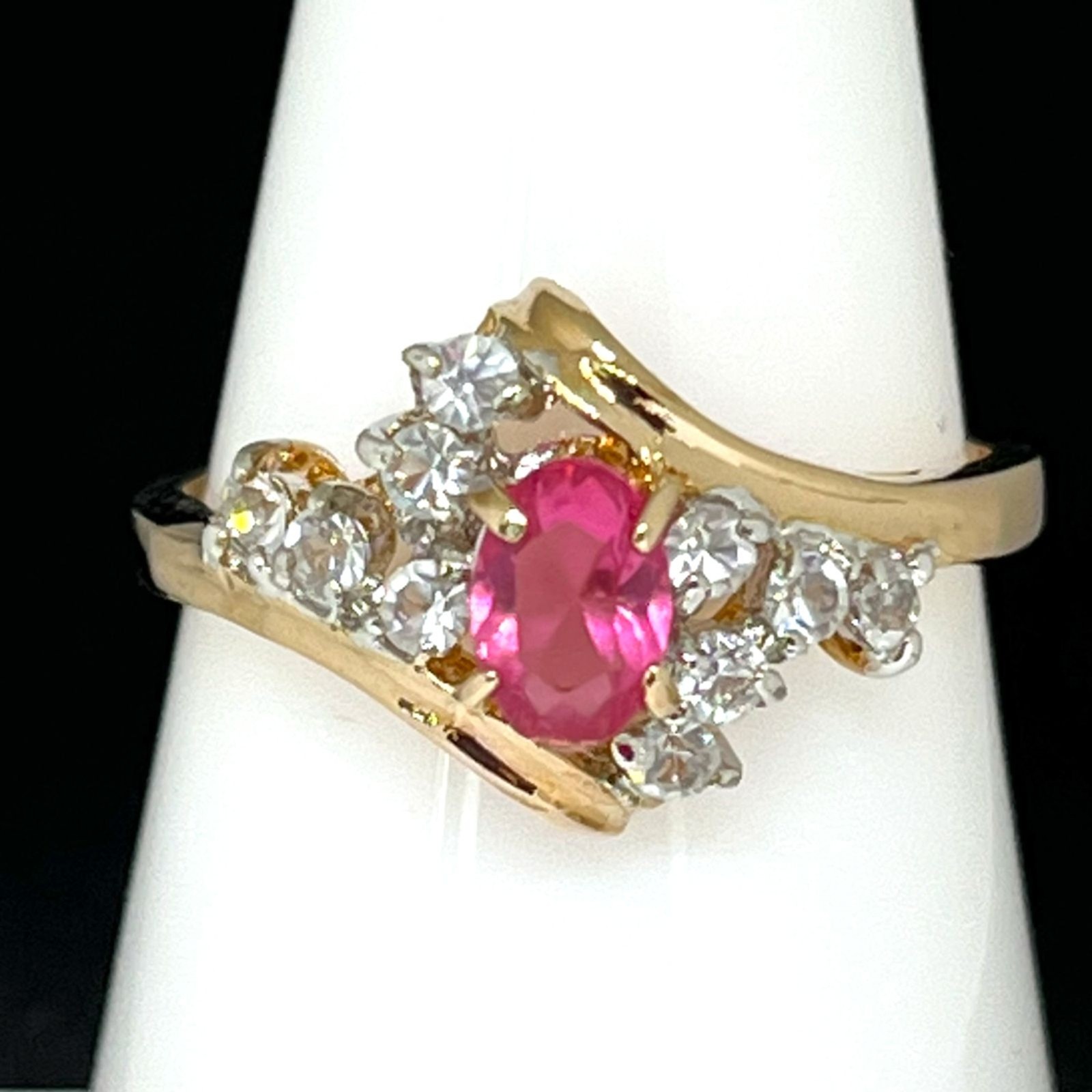 Vintage 1970s Ring Size 7 Pink Crystal CZ Cluster Prong Set Gold Plated – 14L
