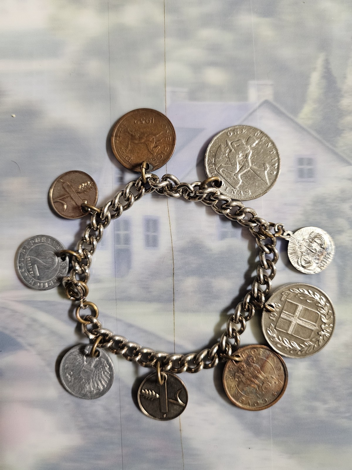 Vintage International Coin Charm Bracelet / About 8″ long / Circa 1950s / Unique