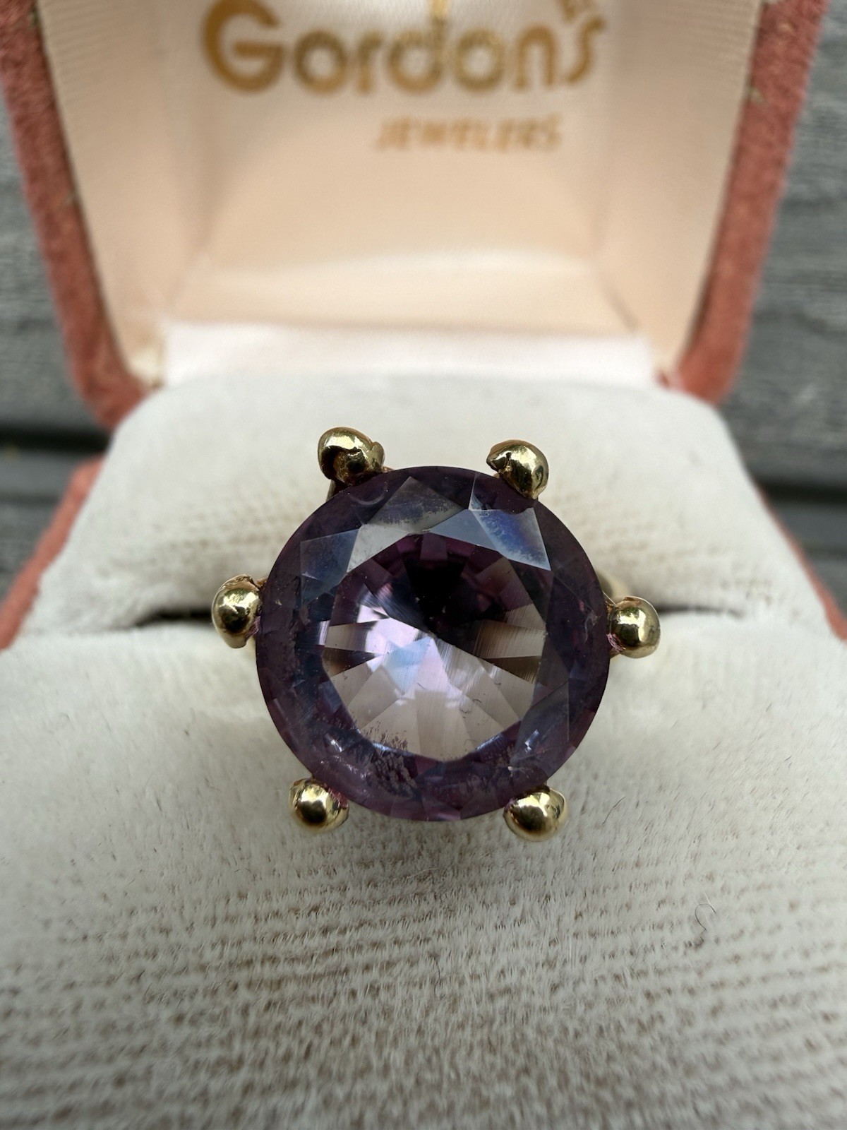 Vintage 14k Yellow Gold 4Ct+ Synthetic Color Change Sapphire Cocktail Ring Sz 7