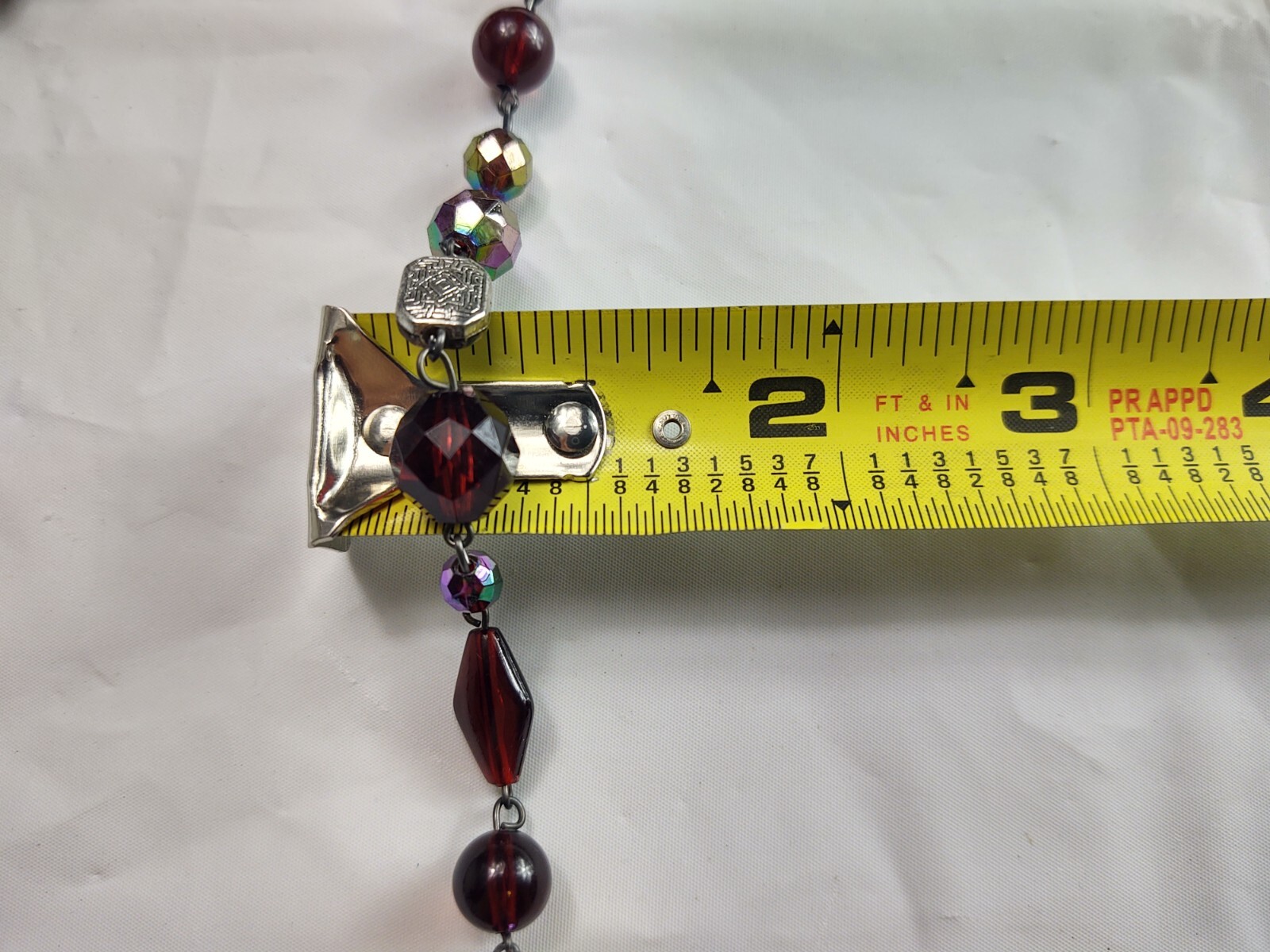 Vtg Beaded Necklace Silver Tone Clasp Red Iridescent Ornate Silver Tone Beads