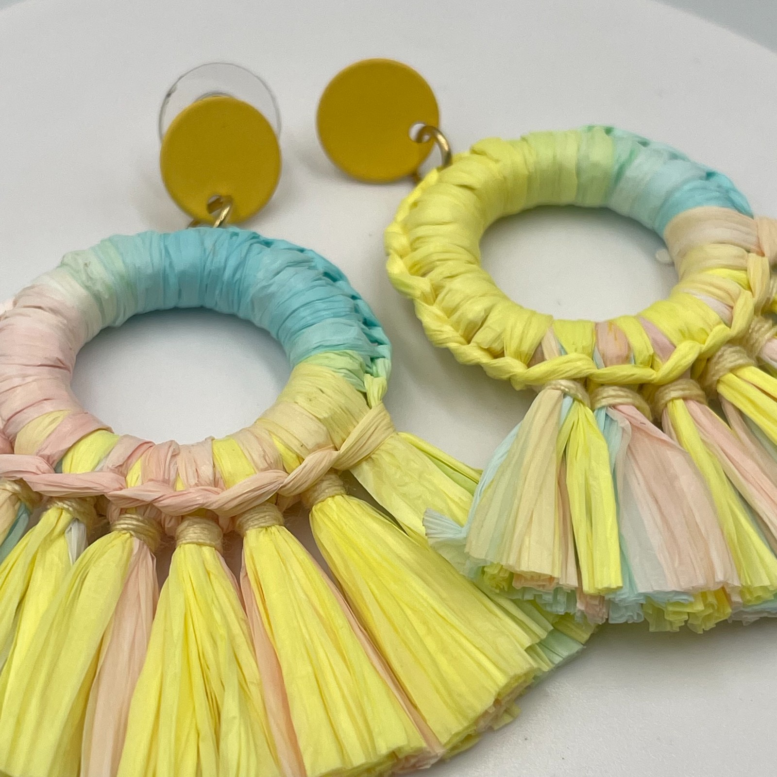 Vintage Pastel Multi-Color Straw Woven Raffia Hoop Drop Fringe Statement Earring