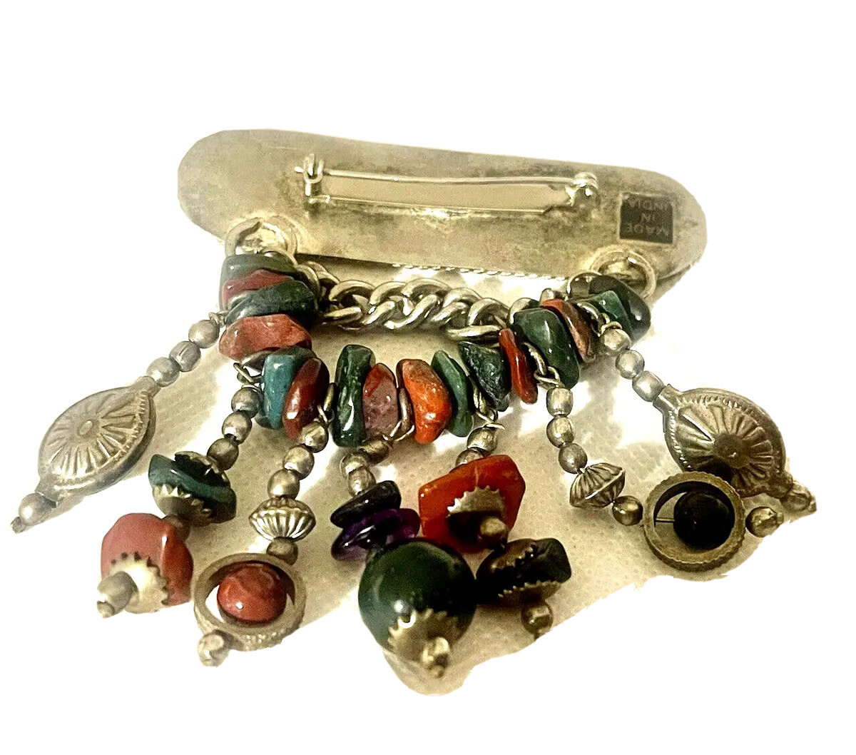 Vintage Hand Crafted Brooch Genuine Stone Chunks Unknown Metal Made In India