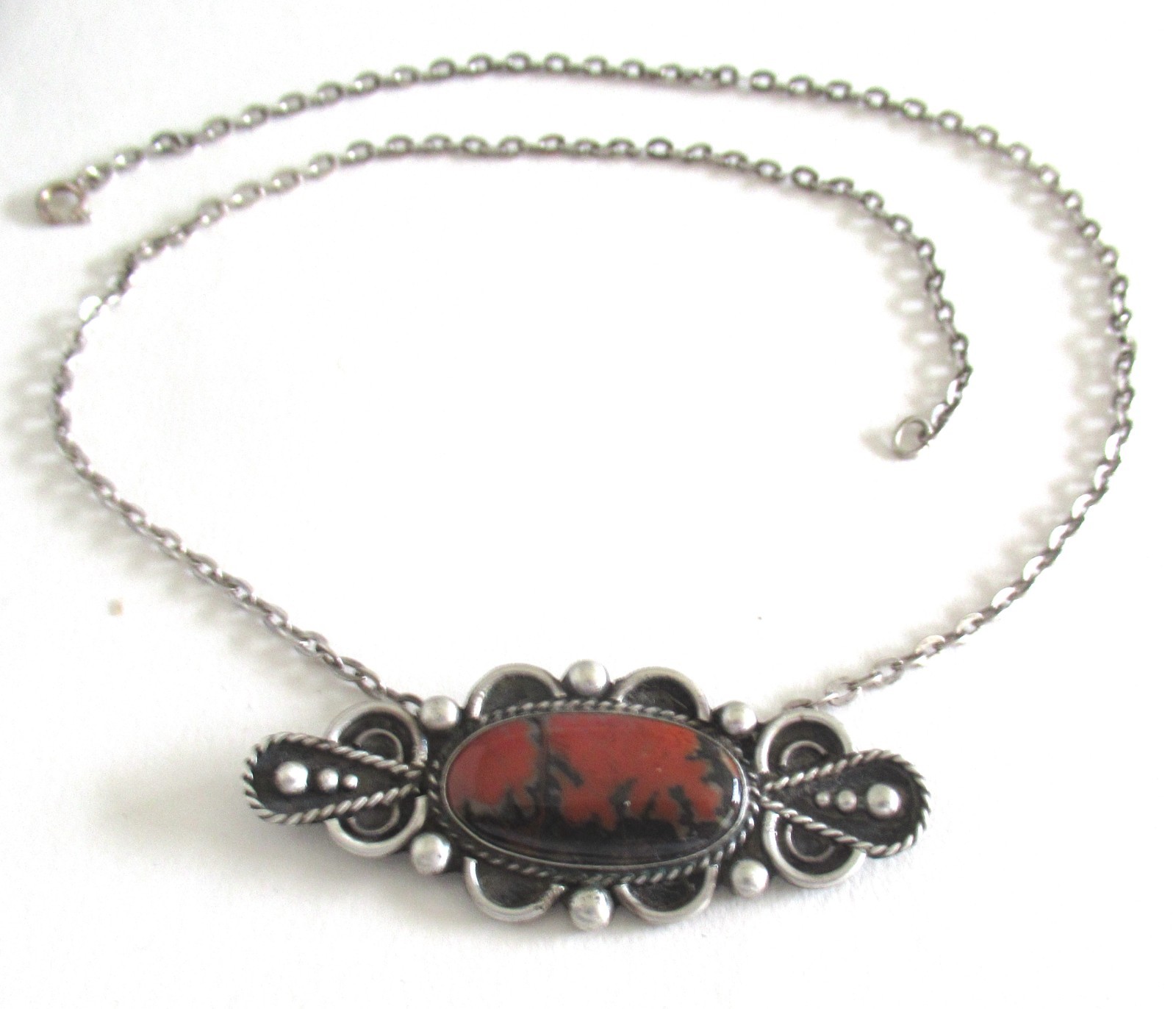 2 3/8 INCHES VINTAGE NAVAJO STERLING PETRIFIED WOOD PENDANT NECKLACE BROOCH
