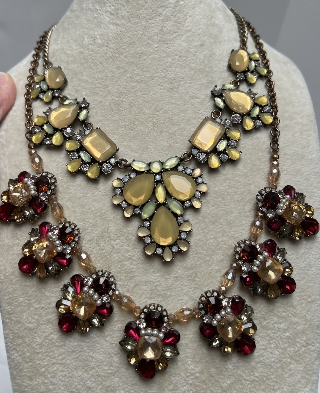 Set Of 2 Vintage Rhinestone Statement Necklaces Red Gold Green