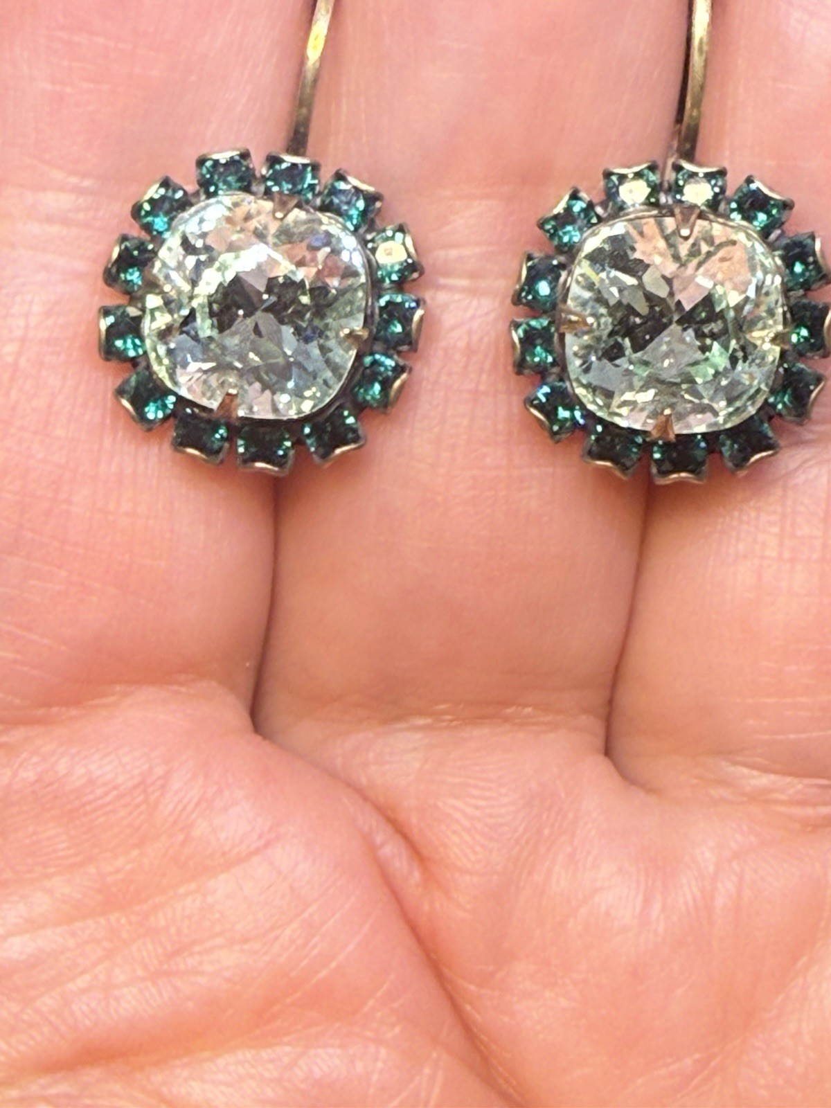 VTG LIZ PALACIOS EARRINGS LARGE lIGHT GREEN SMALL EMERALD CRYSTAL SIGNED BRASS