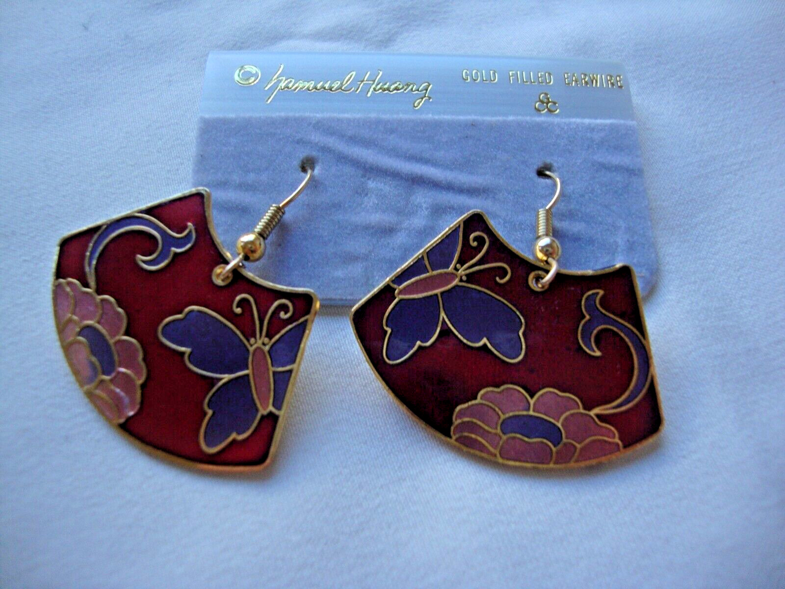 VINTAGE SAMUEL HUANG CLOISONNE BUTTERFLY FLORAL FAN PINK PURPLE & RED EARRINGS