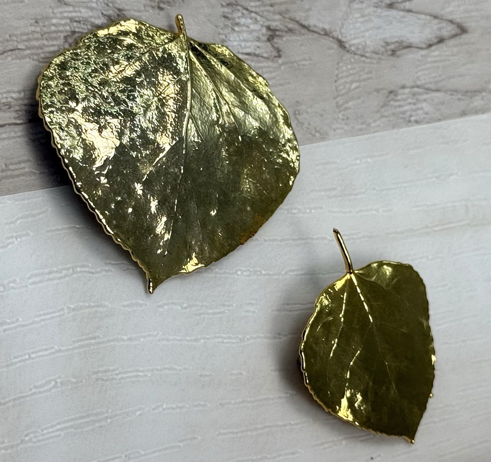VTG 2pc JEWELRY SET Gold Dipped Preserved Aspen Leaf 1.5″ BROOCH 2″ PENDANT EUC