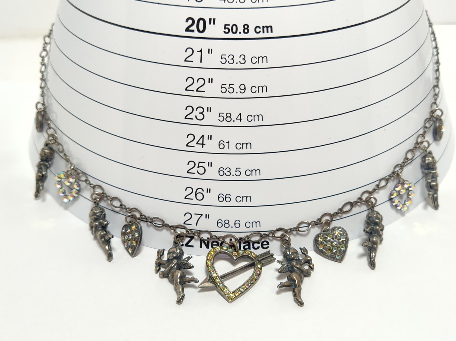 Lovely Vtg signed TOP SHELF JEWELRY AB Rhinestone Angel Design Silver Necklace