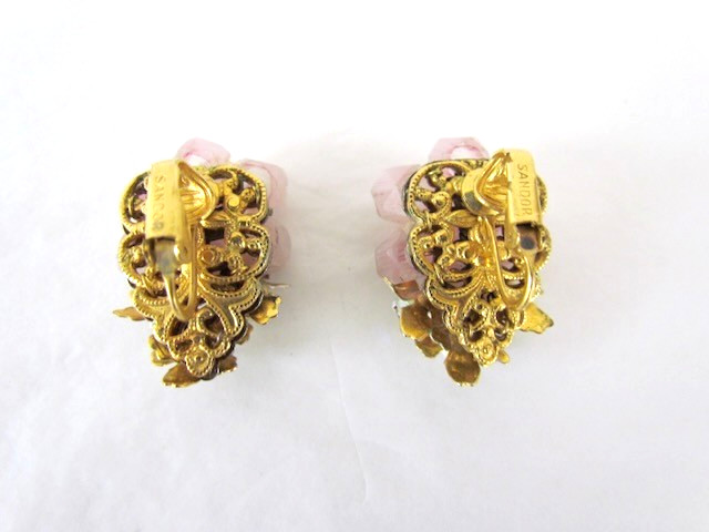 Vintage Sandor Earrings Rose Quartz Floral Cluster Enamel AB Rhinestones RARE