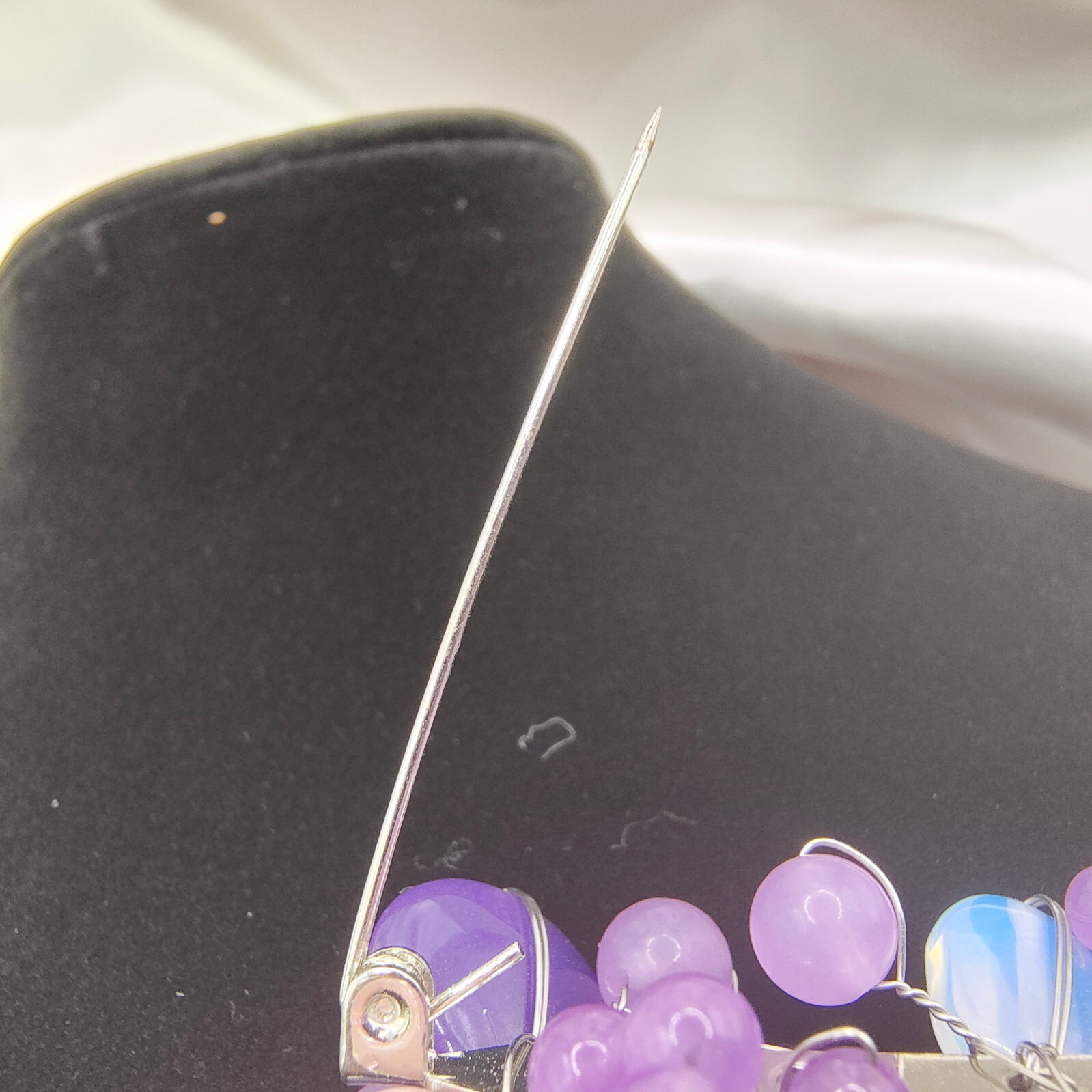 Chunky Purple Art Glass Brooch Pin Silver Tone Glass Beads Cluster Wire Abstract