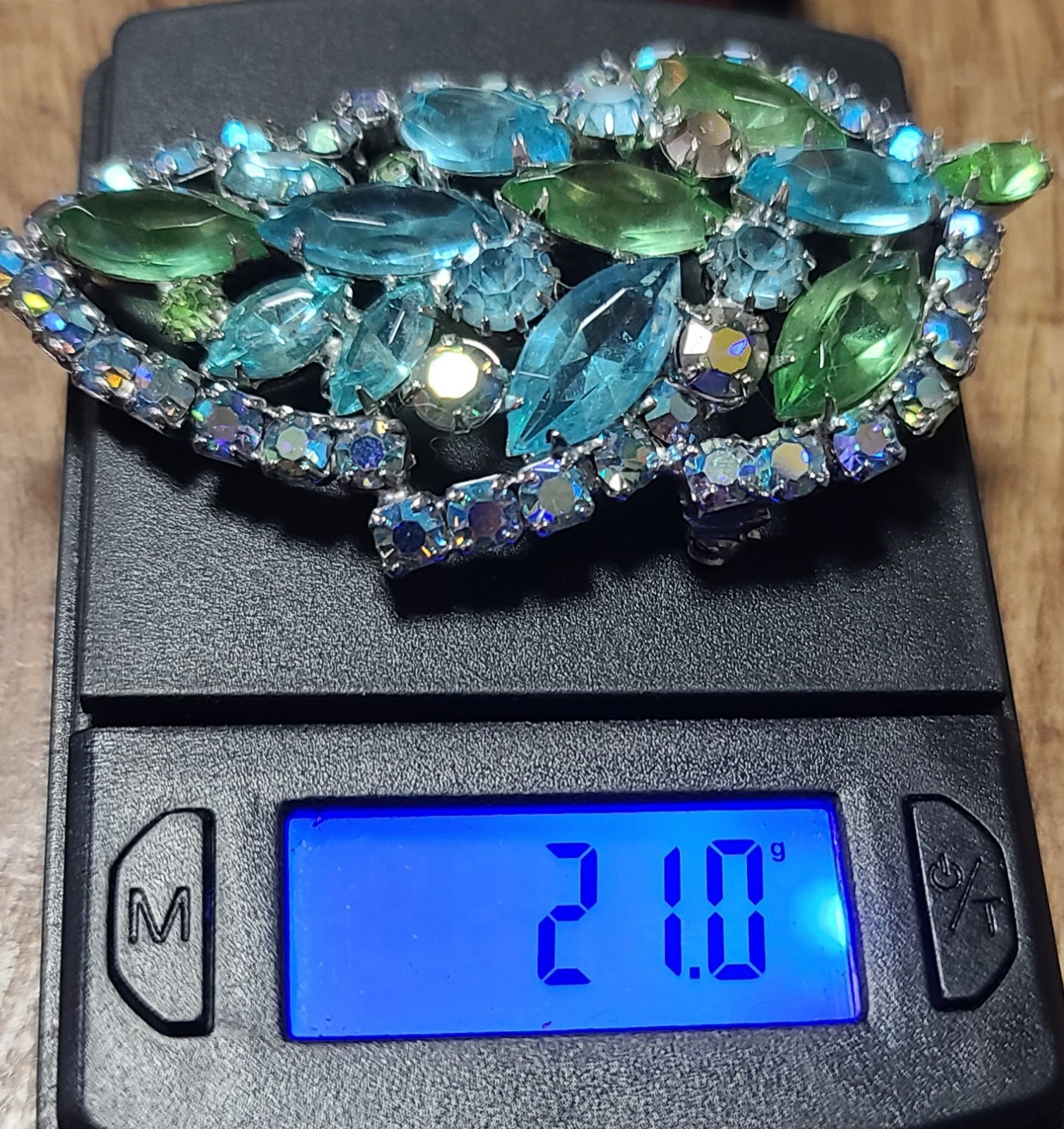 VTG MCM Aque Blue & Lime Green Rhinestone Leaf Brooch Pin (Some AB Finish)