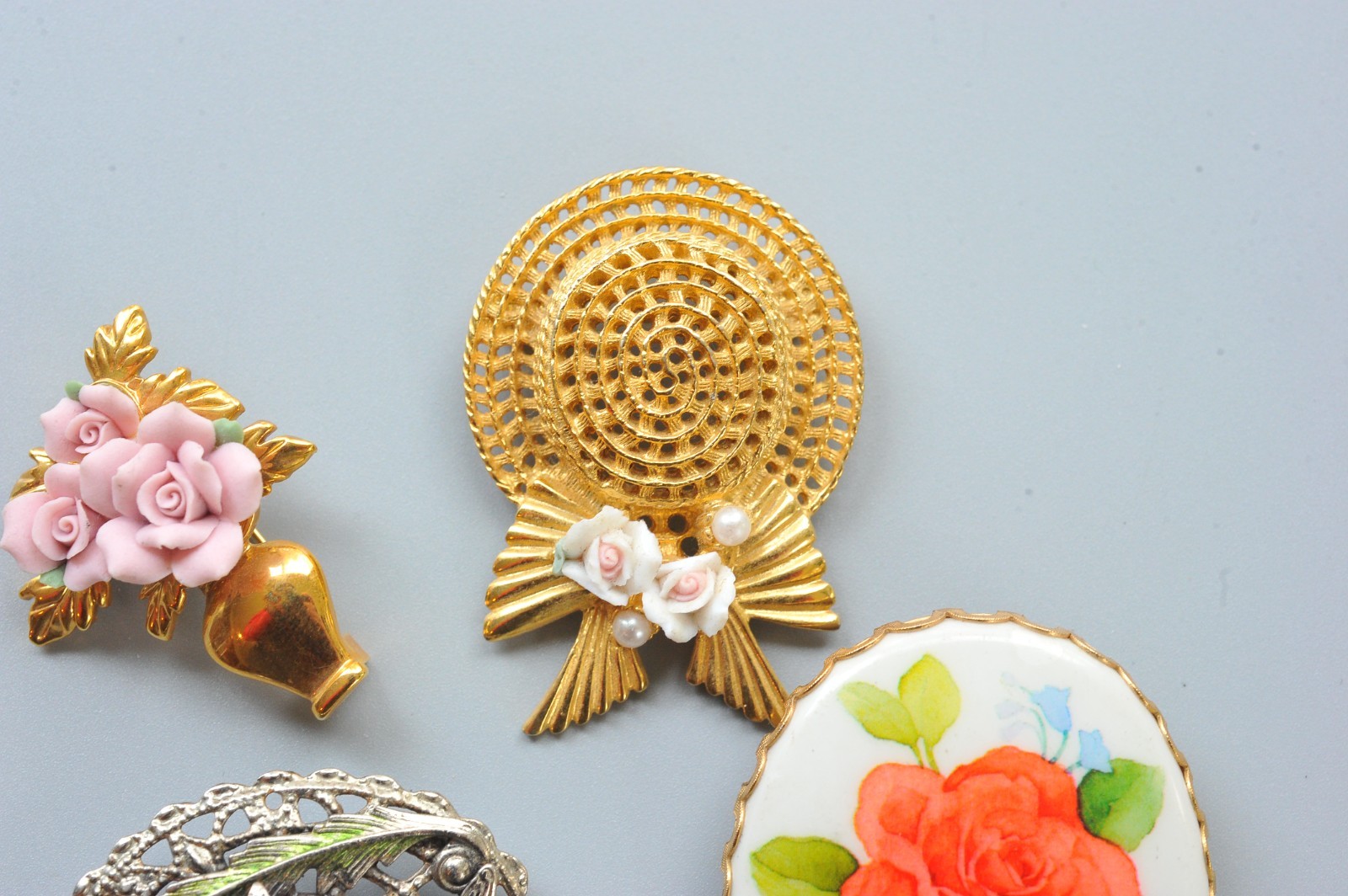 Vtg modern Brooch Lot cameo style flower gardening hat fairy 2 signed MA13