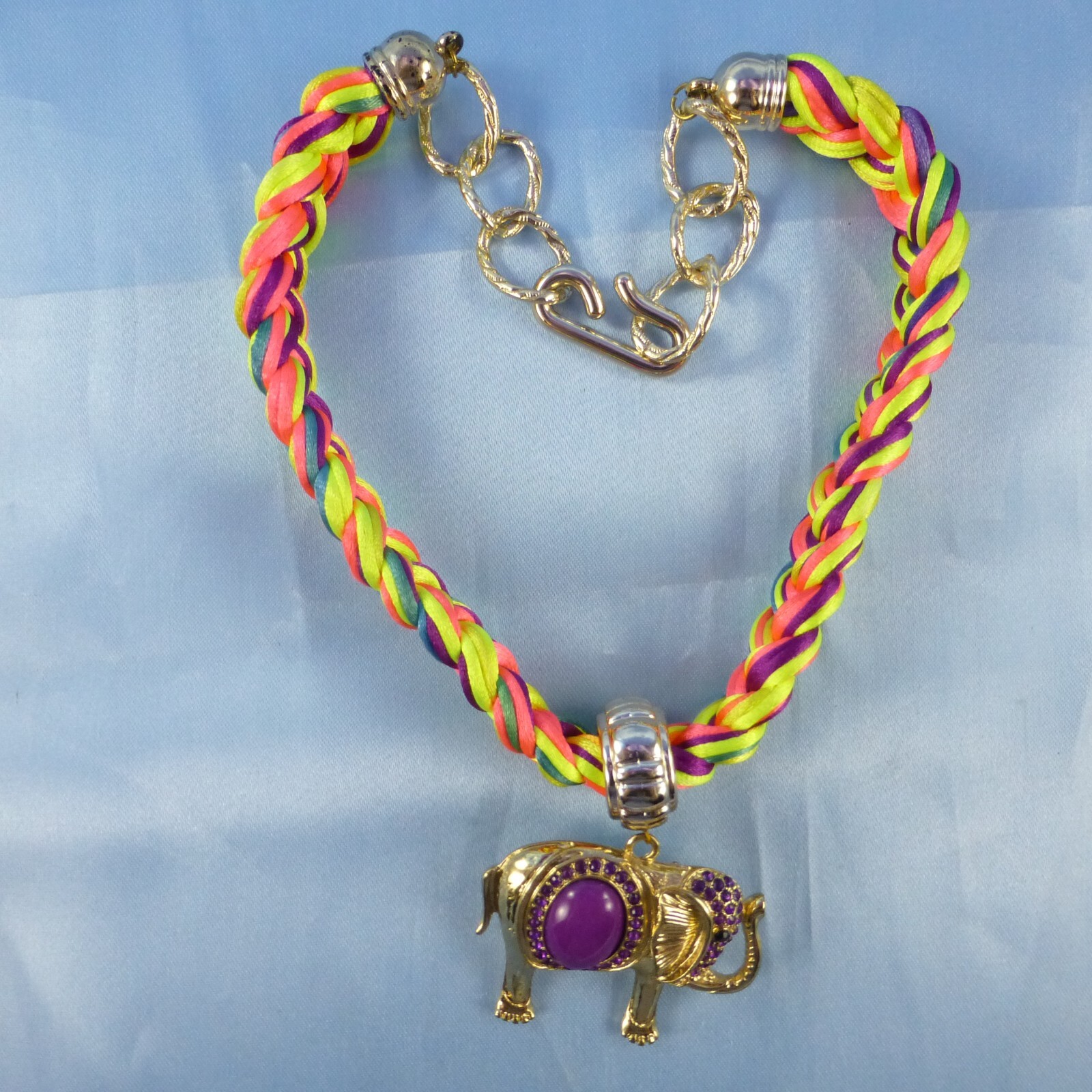 Braided Multi-color Collar Necklace & Elephant Pendant & Purple Rhinestones