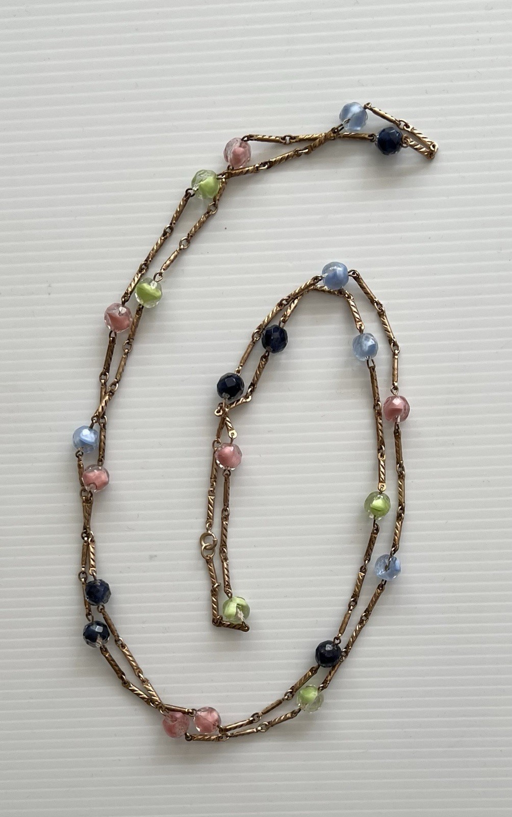 Vintage Gold Tone Textured Bar Link Chain 54” Long Multicolored Station Necklace