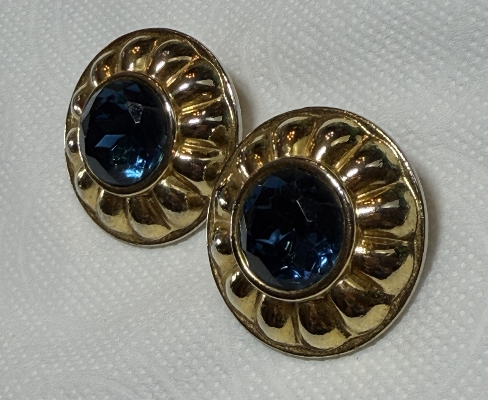 Vintage Blue Faceted Glass Clip On Earrings Gold Tone Round Statement