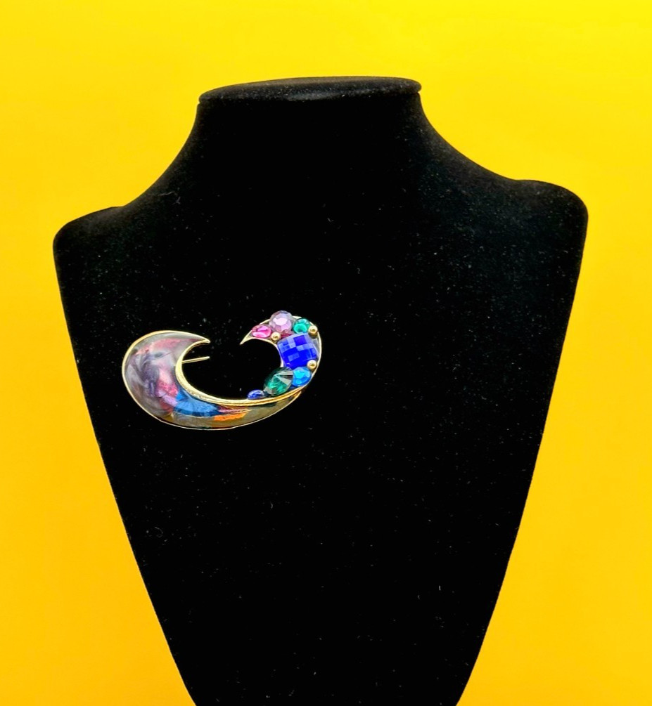 Gold Tone Multicolor Enamel & Rhinestones Brooch Vintage