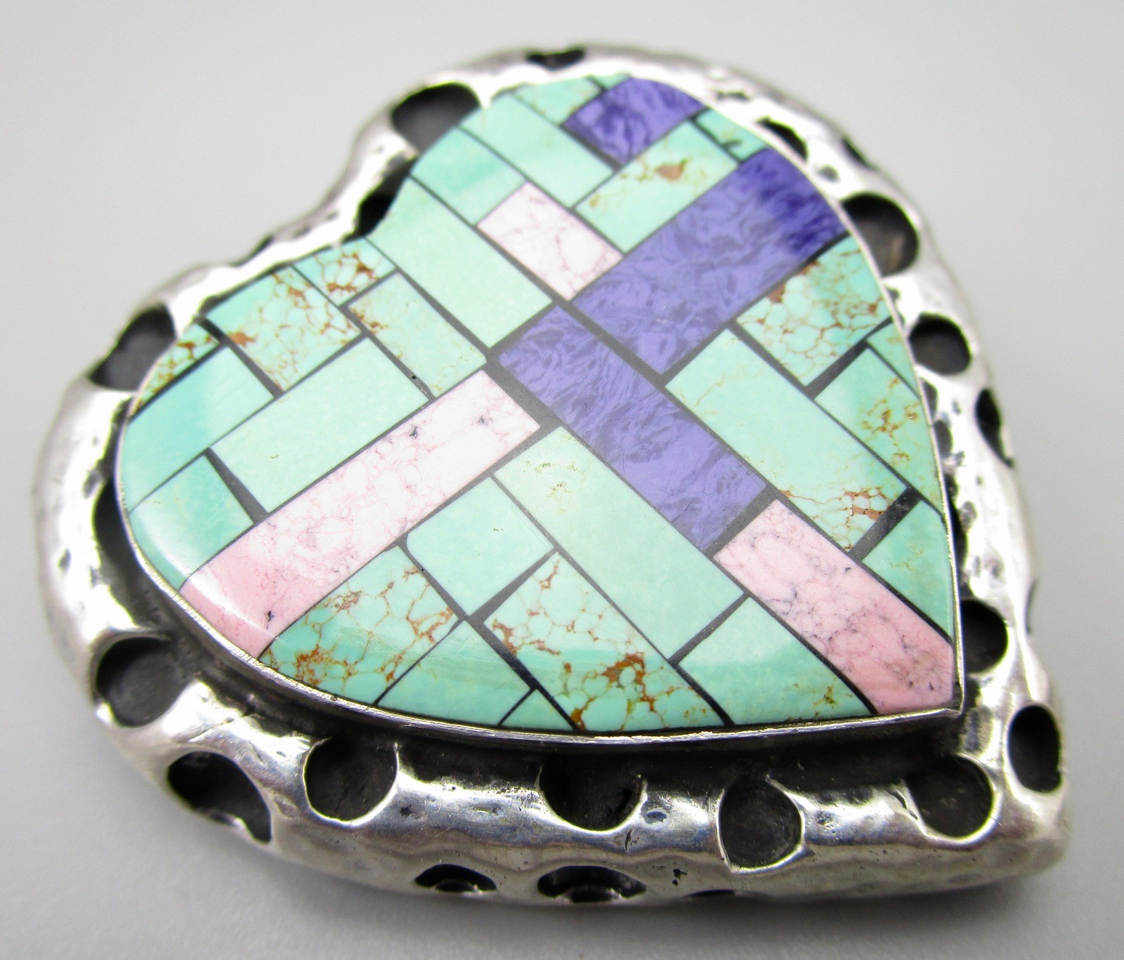 UNUSUAL DIAN MALOUF STERLING SILVER TURQUOISE MOSAIC HEART BROOCH PIN PENDANT 
