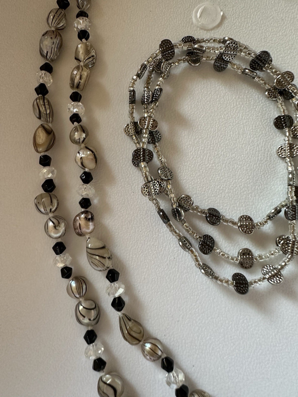 Vintage Black And Silver Glass Beaded Necklace 58” And 4 Stretch Bracelets