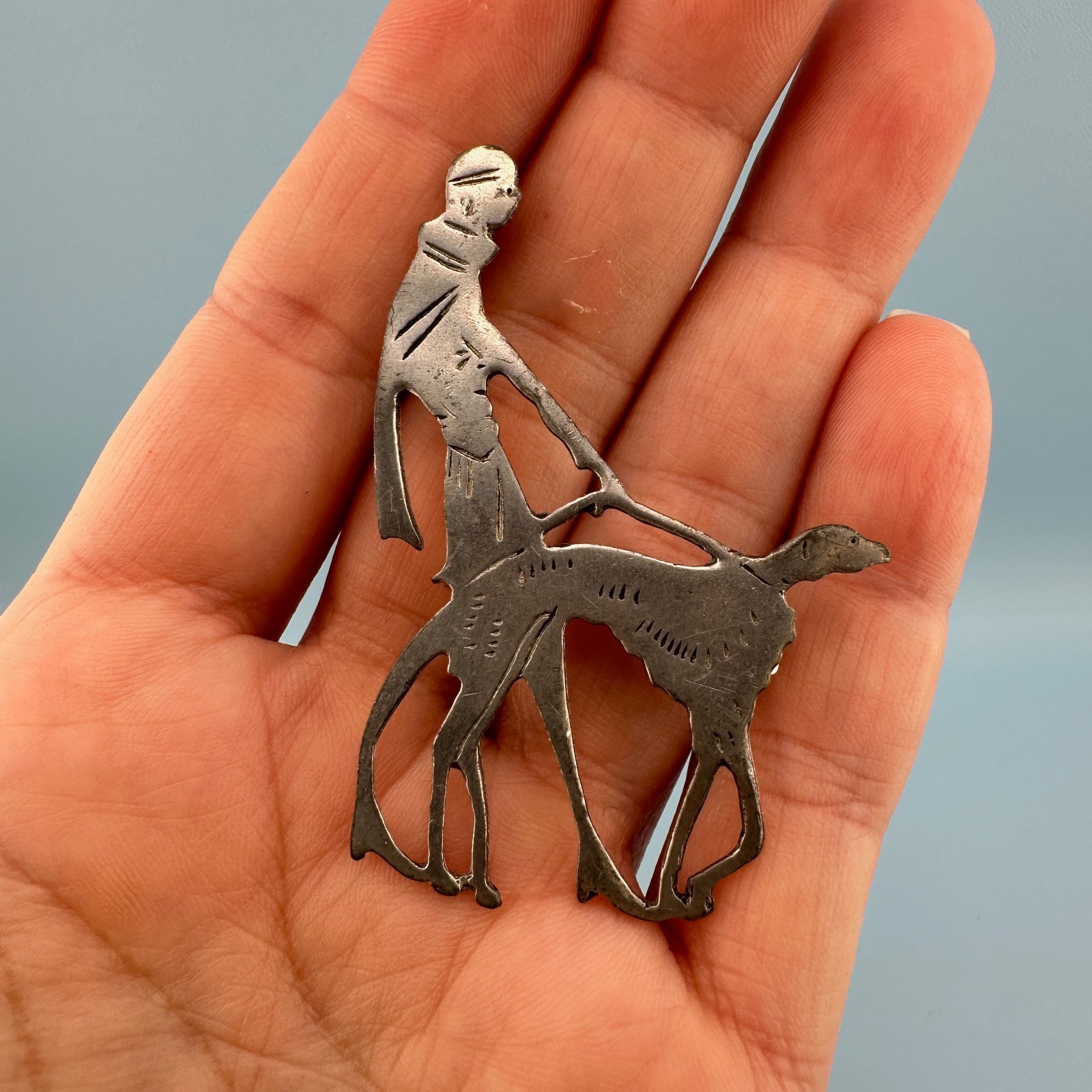 Vintage Brooch Vogue Magazine Art Deco Flapper Lady Walking Dog Silver Tone