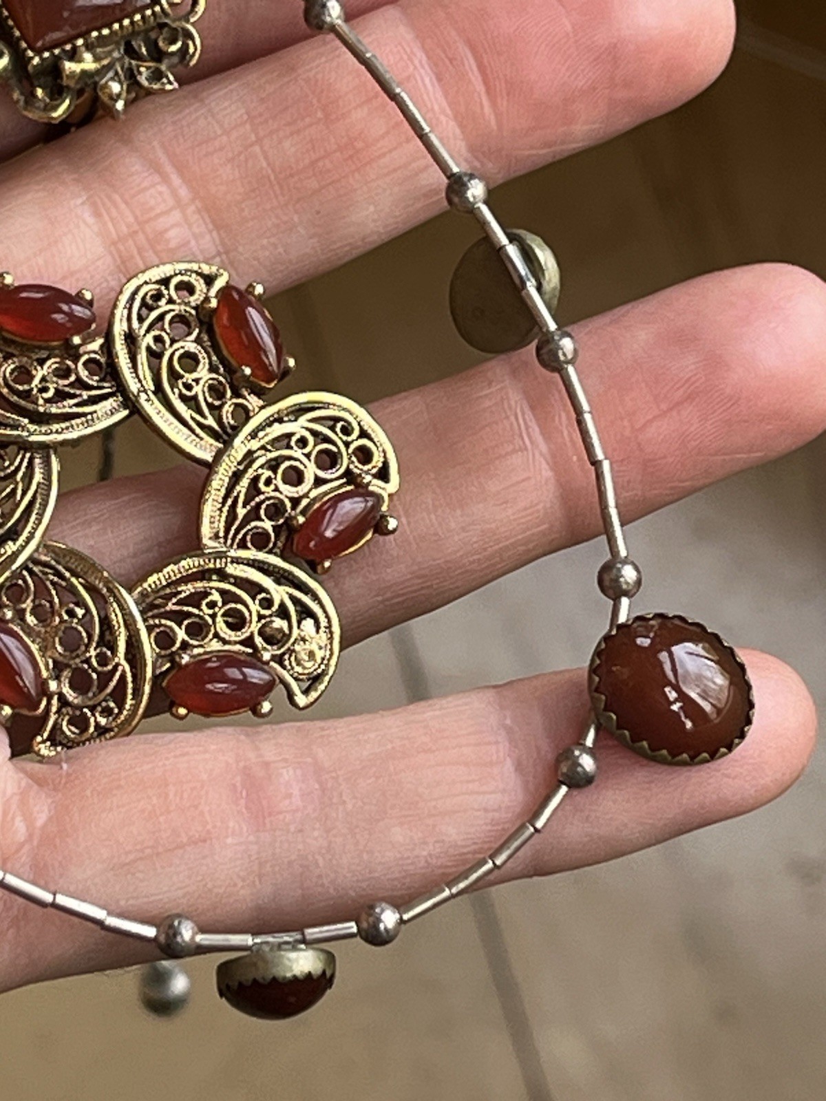 Vintage Carnelian Cabochon ART Clip On Earrings TACOA Brooch And Necklace Set