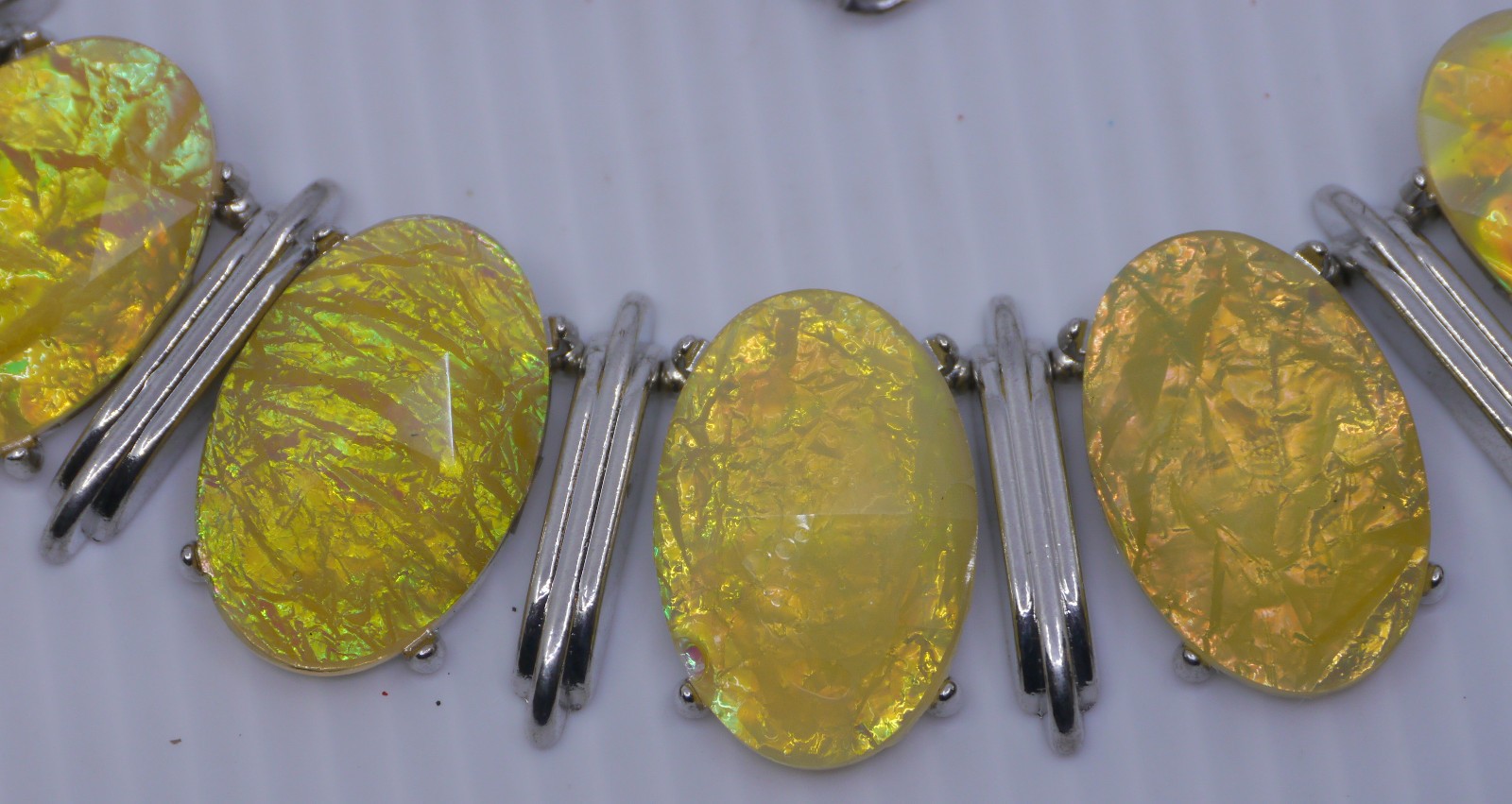 VINTAGE 22.5 IN. NECKLACE & EARRING SET w FAUX YELLOW OPALS, ART DECO DESIGN