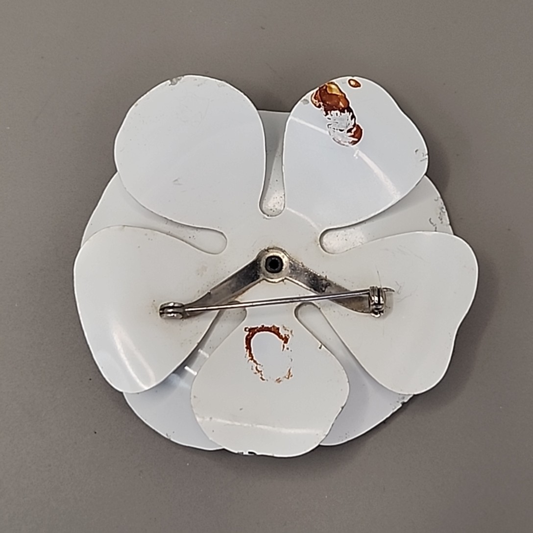 Vintage Enamel Flower Brooch White Black Vines Round 2.75″