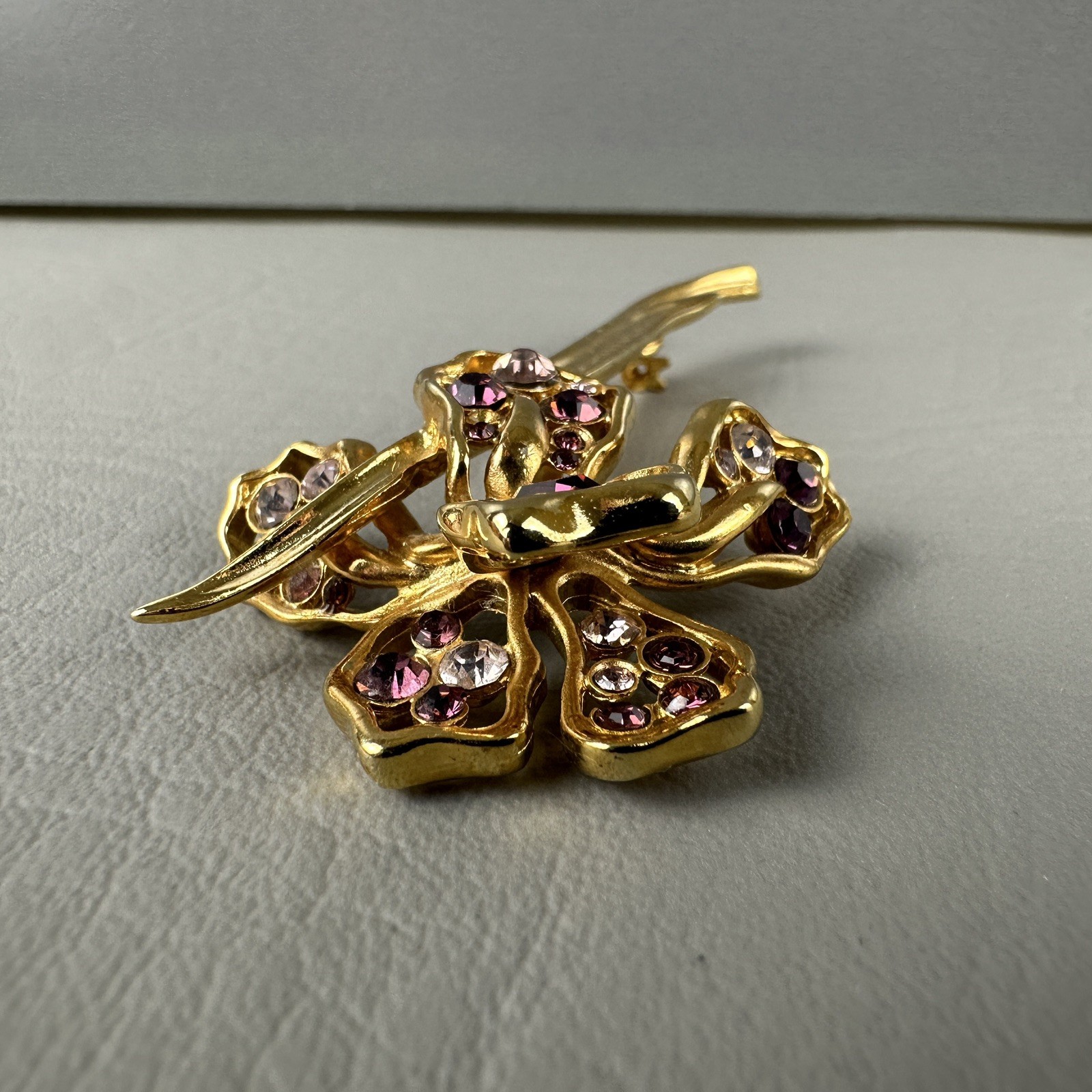 Vintage Flower Brooch Gold Tone Orchid Iris Purple Rhinestones 3.25″