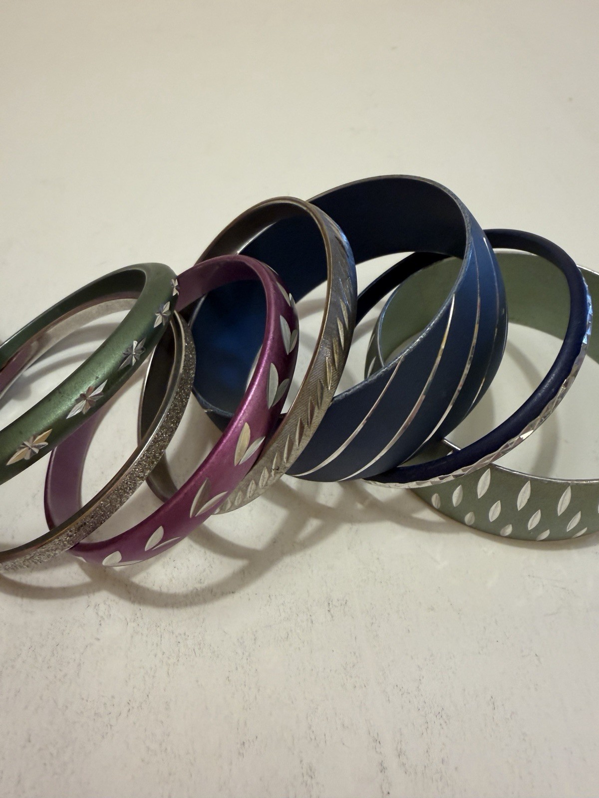 7 Vintage Etched Carved Aluminum Lightweight Bracelets Lot Bangle Cuff Matte