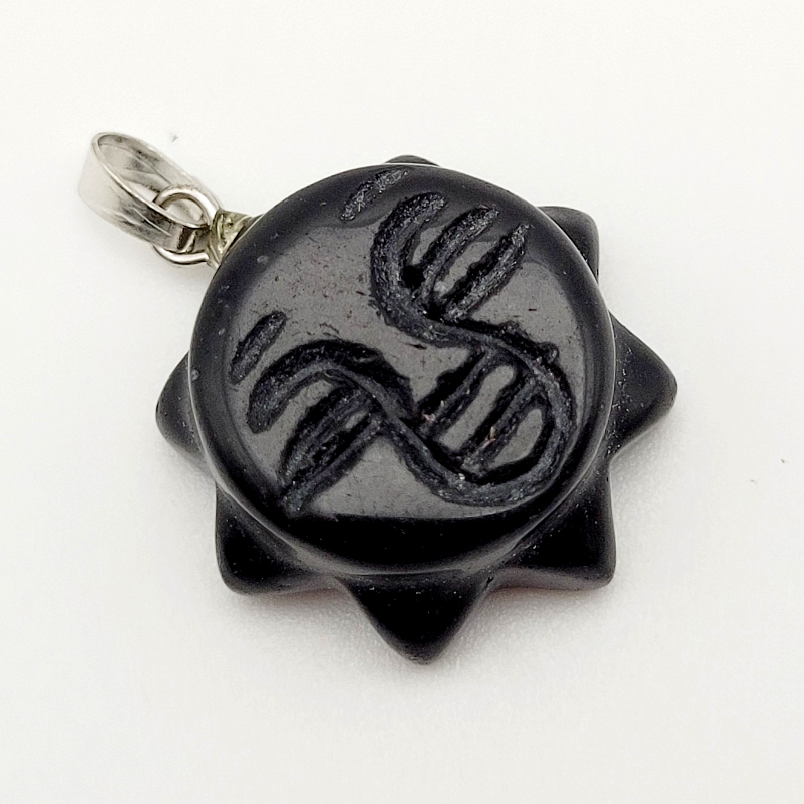 Obsidian Sun Face Black Carved Stone Silver Tone Bail Pendant Charm No Chain