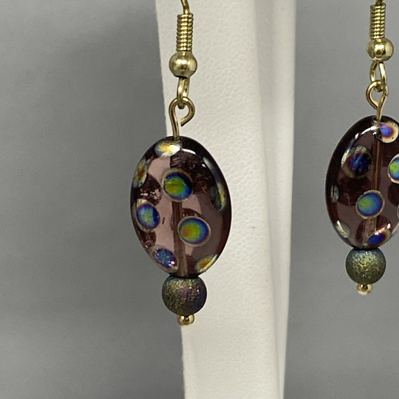 Purple Glass Bead Earrings Dangle Drop Pierced Peacock Iridescent Spotted Hook