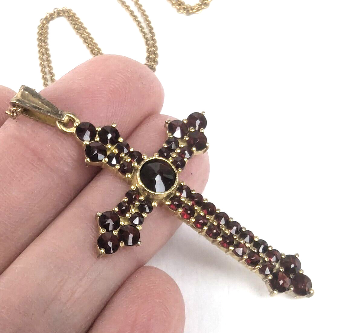 Lg Czech Bohemian Garnet Cross 900 Gilded Silver Pendant on 24″ GF 12K Chain
