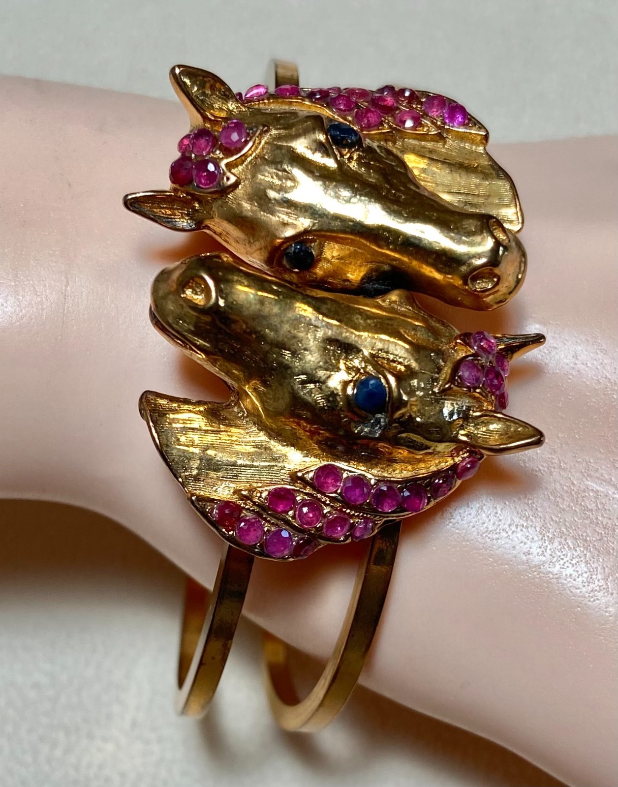 AUTHENTIC SWOBODA CUFF HORSE BRACELET ~ GENUINE RUBY, SAPPHIRE EYES ~ STUNNING!