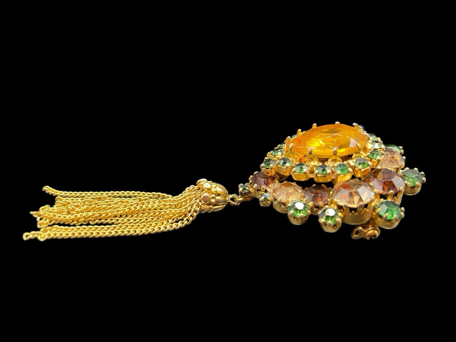 Vintage Domed Tassel Prong Set Austrian Crystal Brooch Gold Toned