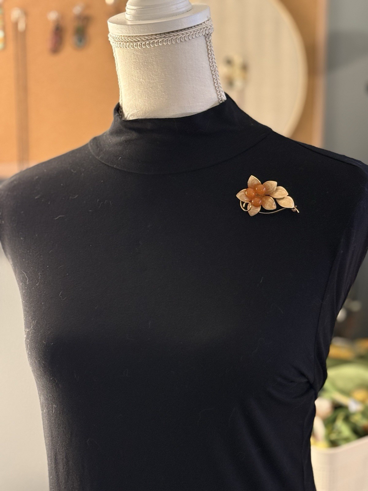 Gold Tone, Enamel And Acrylic Orange Berry/Flower Spray Brooch Pin