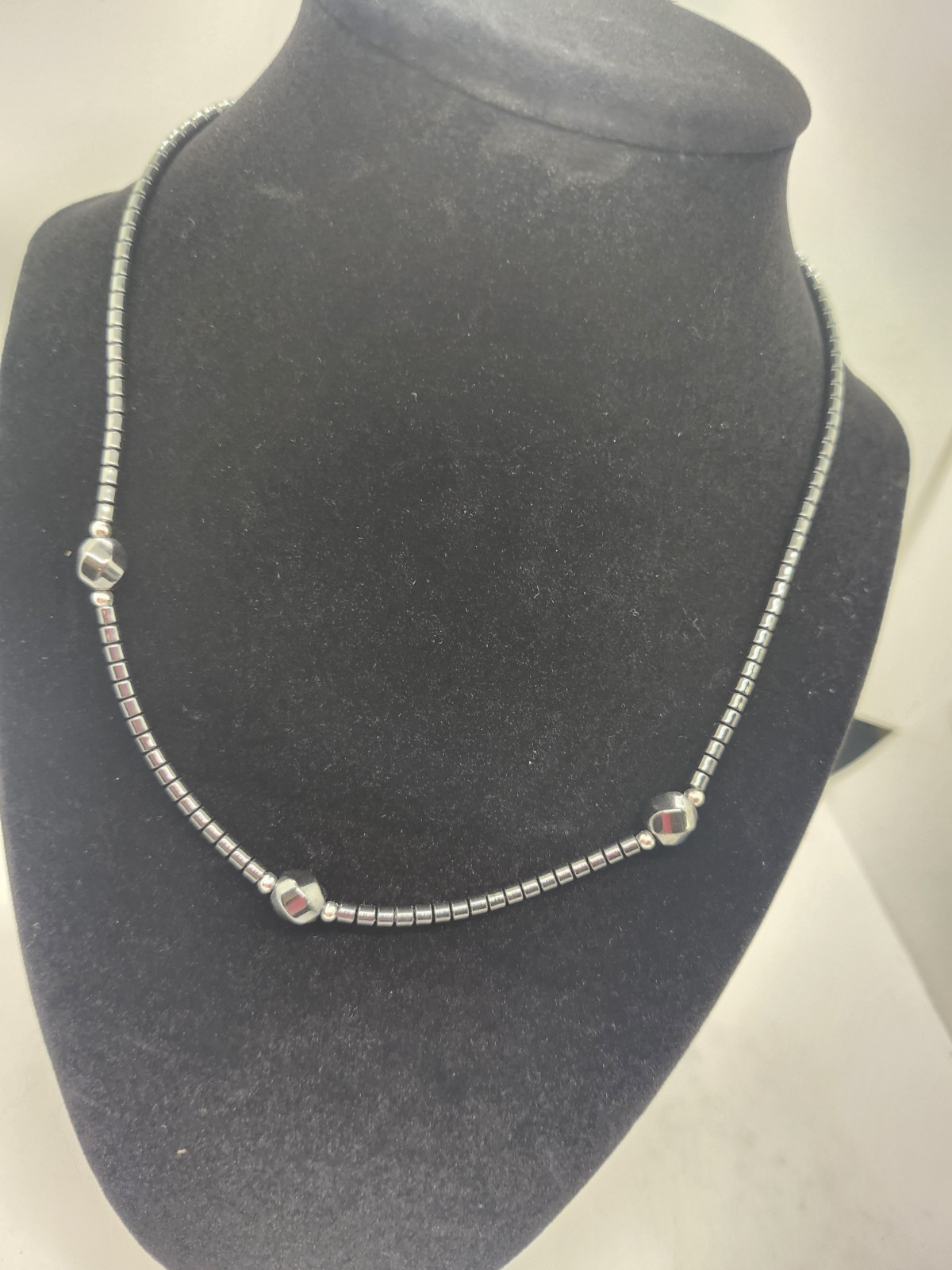 Genuine Hematite Beaded Necklace Gunmetal Metallic Grey Stone Hexagon Accents