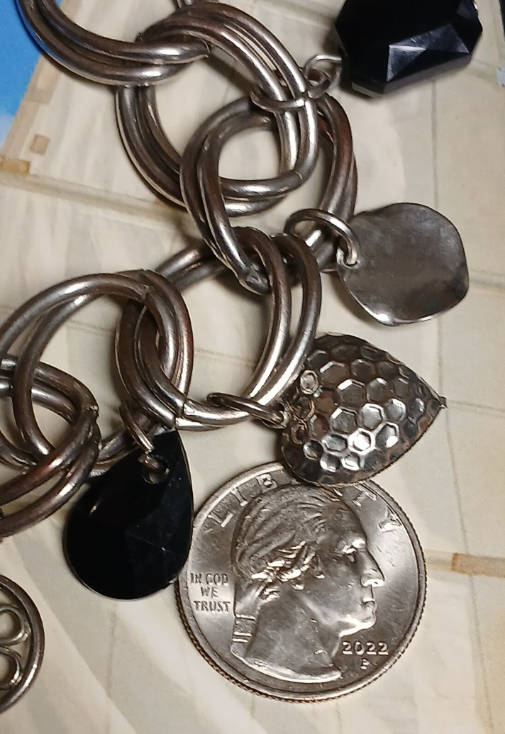 Monet Silver Tone Chain Link Bracelet w/9 Charms, Gems, Hearts and Flower Design