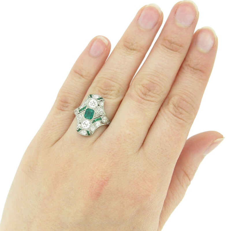 1.2Ctw Green Emerald & Round Simulated Diamond Art Deco Wedding 925 Silver Ring