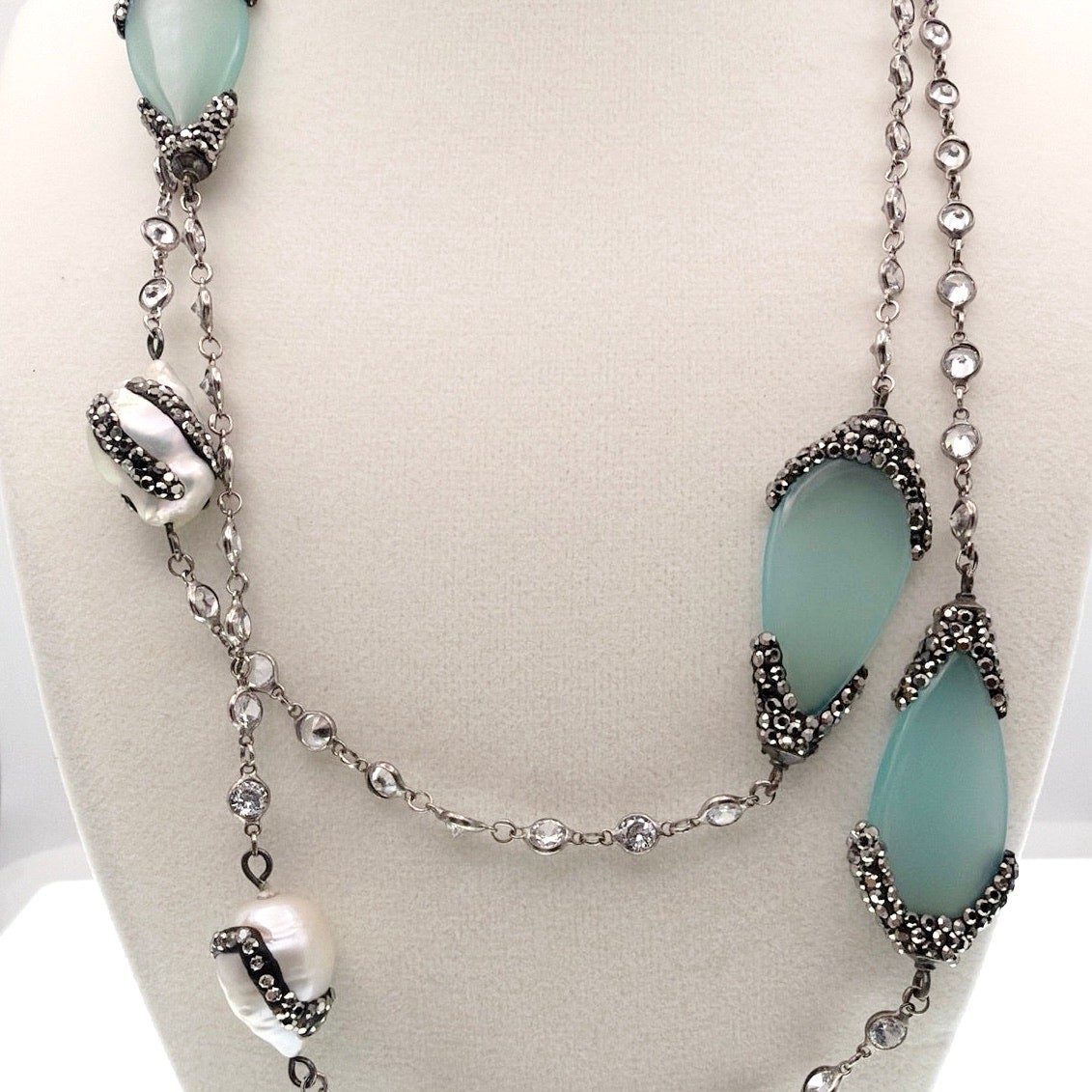 Sterling Silver Necklace Chalcedony Charms and Fresh Water Pearls 40”